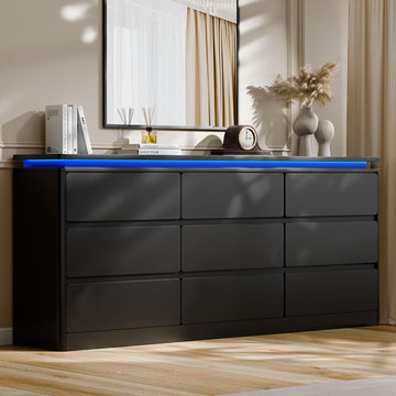 9 Drawer Dresser, 62.99" Long Black Chest of Drawers w/LED Light