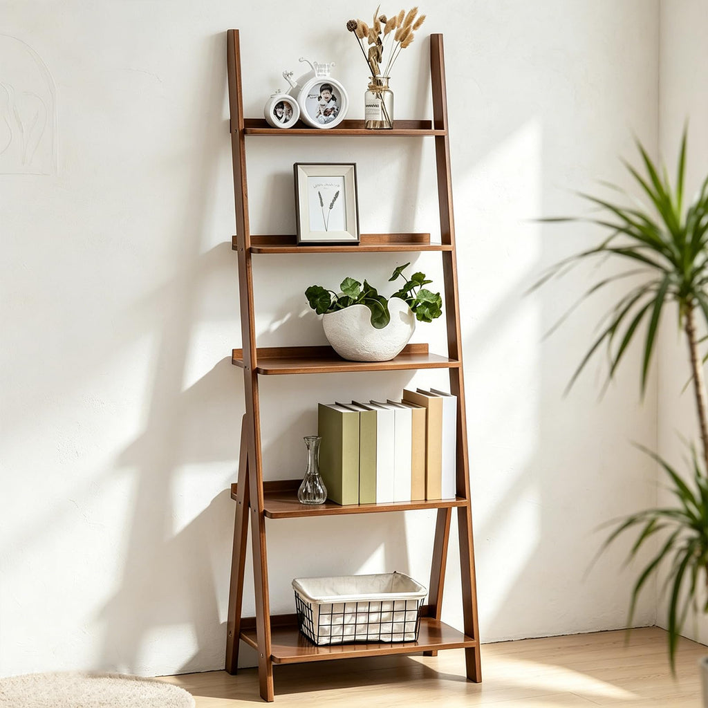 Ladder Shelf Bookshelf, 5-Tier Leaning Shelf, Free Standing Organizer Storage Shelves, Storage Rack Shelf, Brown