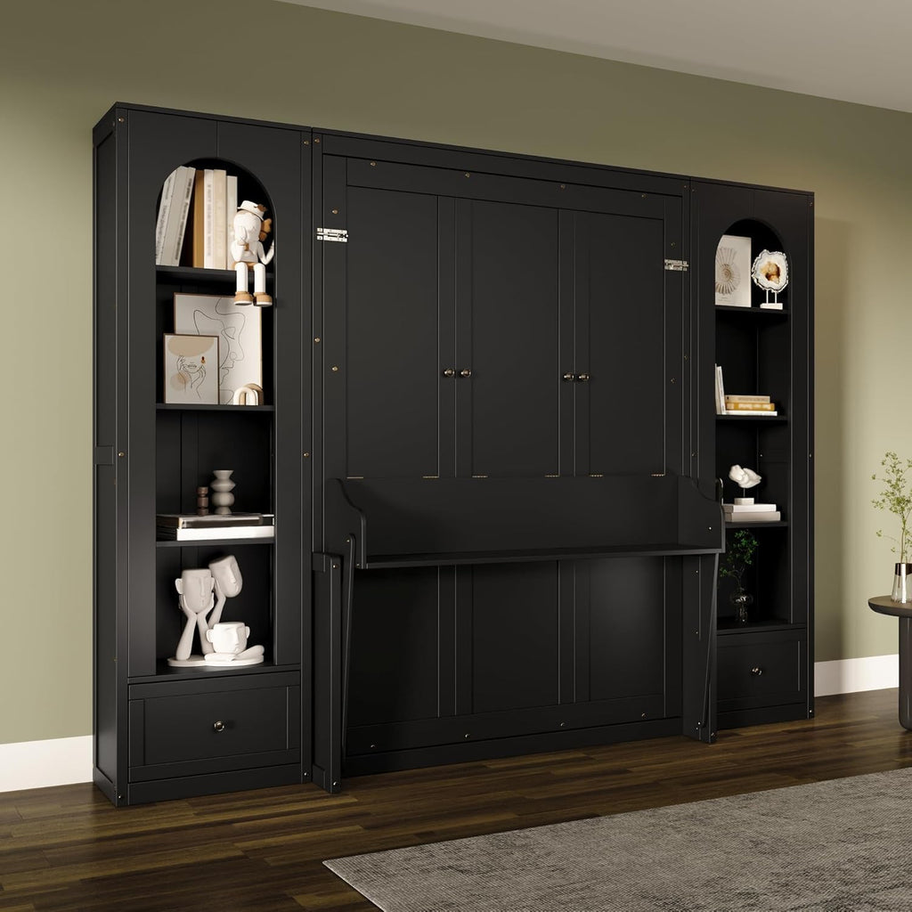 Queen Murphy Bed with Desk and Storage Bookcase & LED Light, Solid Wood Murphy Wall Bed with Storage Shelves and