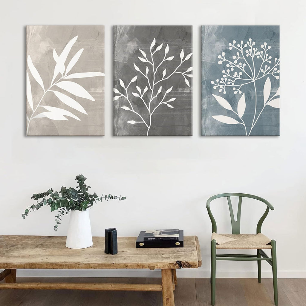 Vintage Botanical Canvas Wall Art Set of 3 Blue Grey and Beige Neutral Plant Leaf Prints Boho Minimalist Floral Art