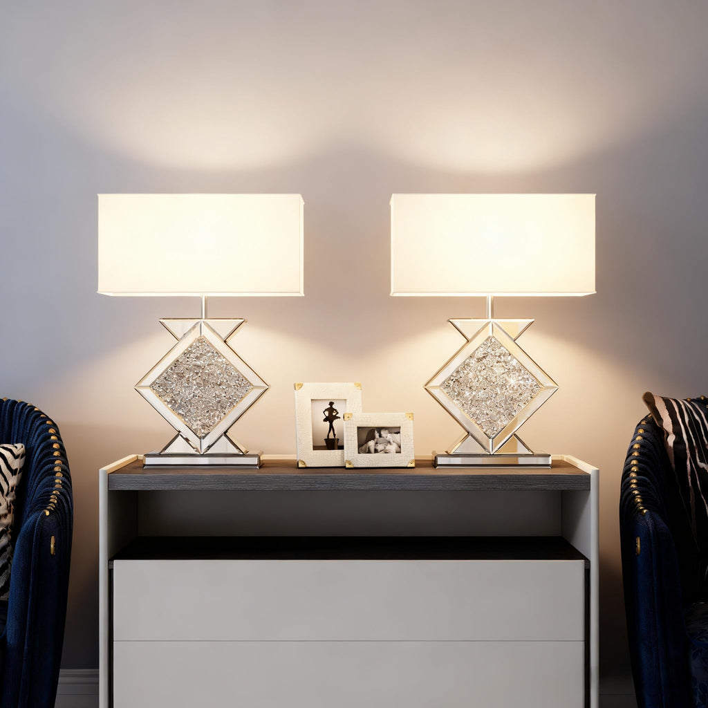 Crystal Crushed Diamond Mirrored Table Lamp, 23.6" Silver Glass Rectangular Bedside Lamp with Linen Shade, 3-Way