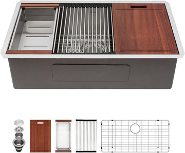 32 Kitchen Sink Undermount 32 x 19 Inch Undermount Sink Workstation | Premium 16 Gauge Stainless Steel Deep Single