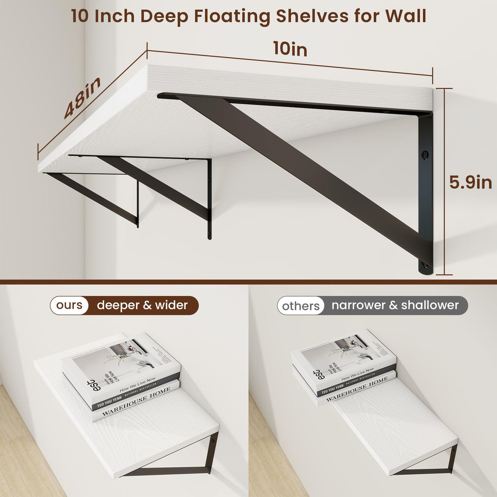 Deep Floating Shelves, 48'' x 10'' White Wall Shelves Set of 2