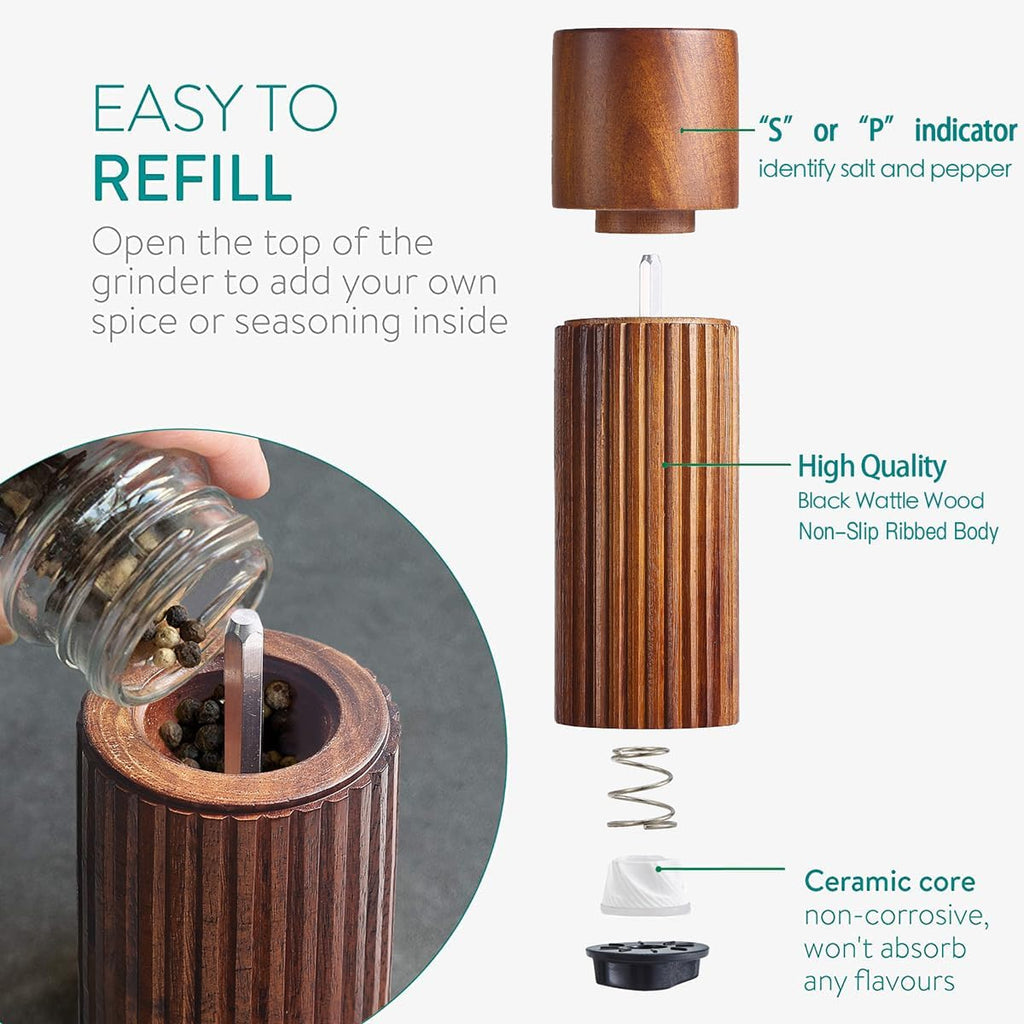 Acacia Wood Salt and Pepper Grinder Set with Ceramic Grinder - Set of 2