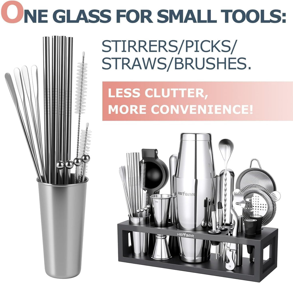 Bartender Kit with Black Bamboo Stand, 31-Piece Cocktail Shaker Set, 20/28 oz Boston Shaker Set Bar, Mixology Bar - Set of 31