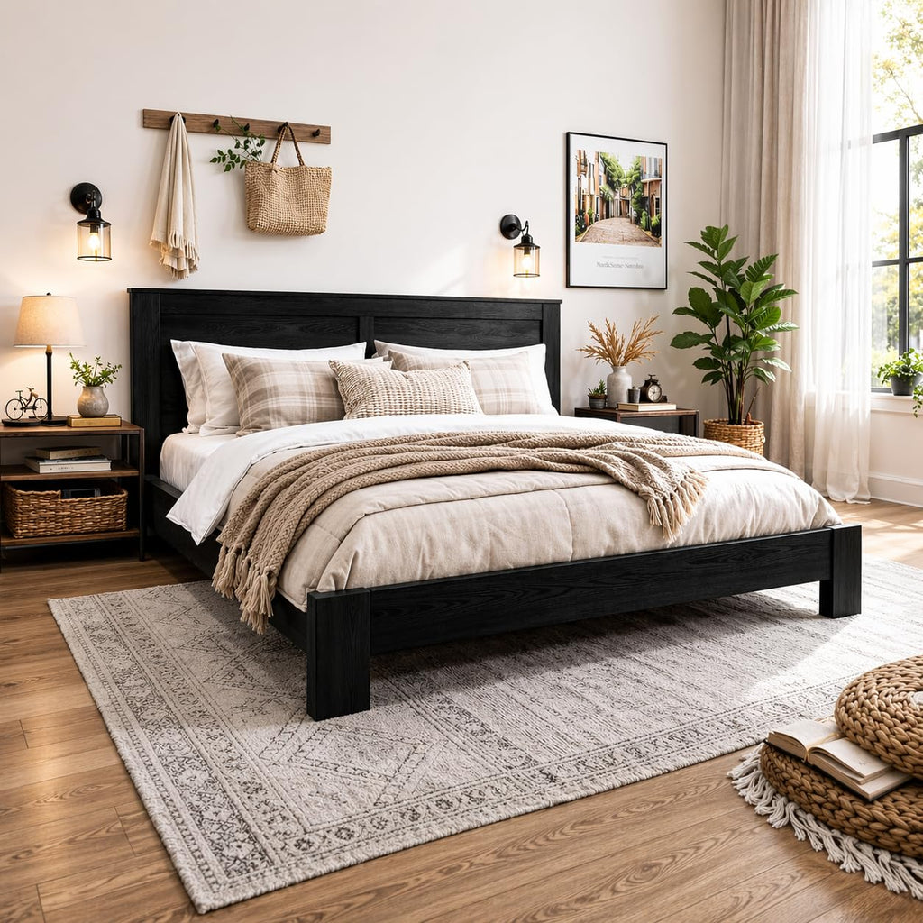 Wooden Bed Frame with Headboard, Farmhouse Platform Bed