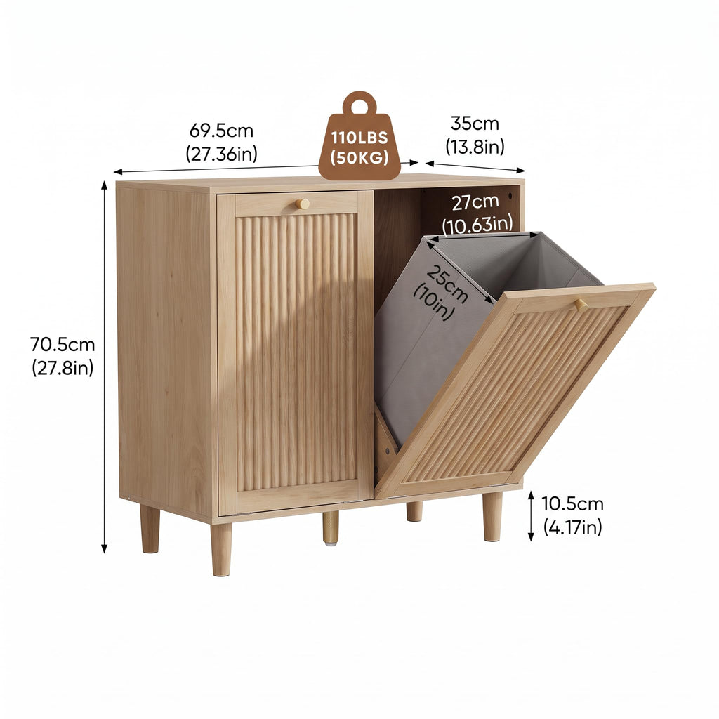 Tilt-Out Dual Laundry Storage Hamper Cabinet, Natural, with 2 Hamper.