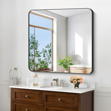 Black Bathroom Mirrors for Wall, 30"x30" Square Mirror, Rounded Corner Metal Frame Wall Mirror, Bathroom Vanity