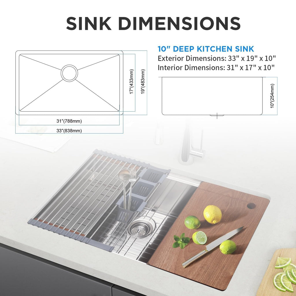 33 Inch Undermount Kitchen Sink with Quiet Drain - 11 Gauge Stainless Steel Sink Single Bowl - Multifunctional