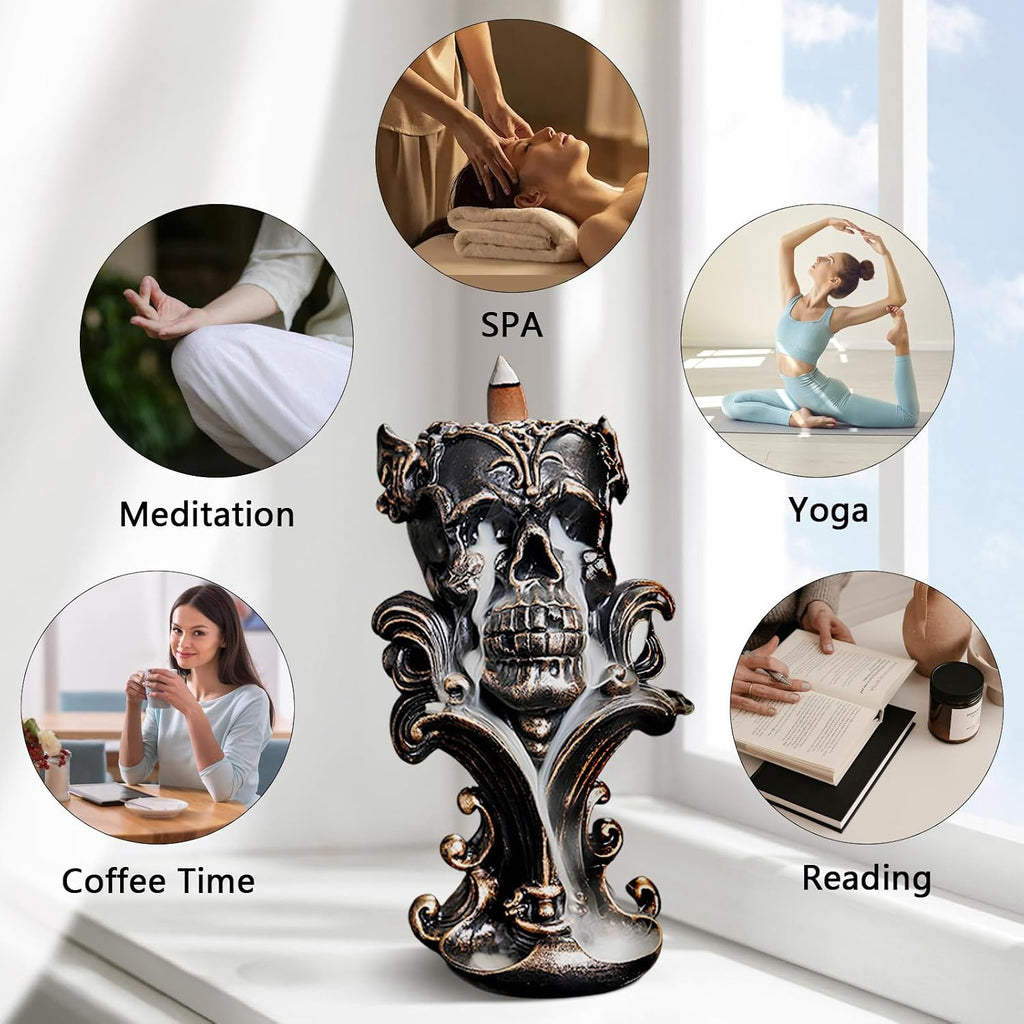 Backflow Incense Holder Burner Resin Skull Waterfall Metallic Gold - Set of 43
