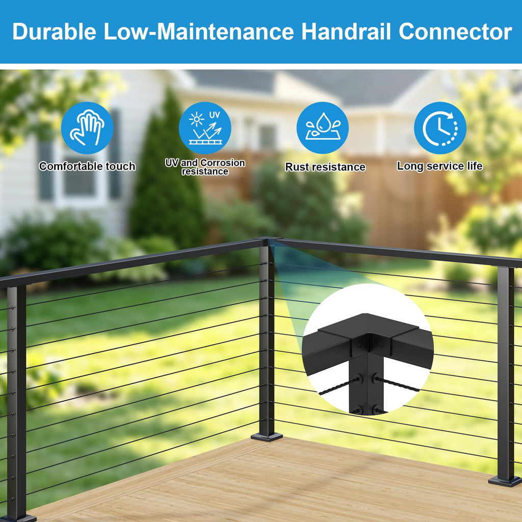 2Pack Black Cable Railing Handrail Corner Connectors, Aluminum