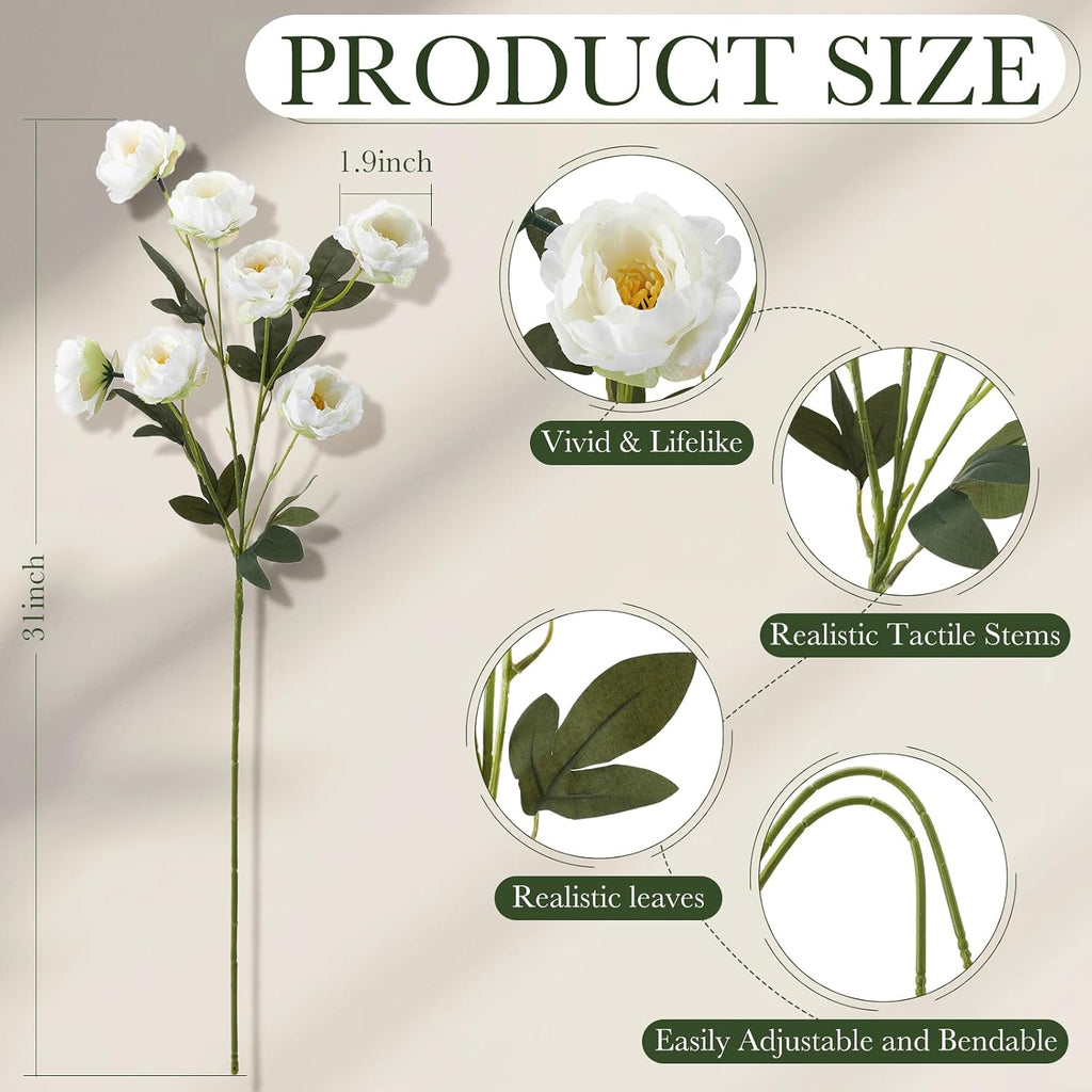 32" Large White Artificial Peonies Stems Flowers, Real Look Faux Silk Peony Bouquet 42 Heads Total for Vase - Set of 6