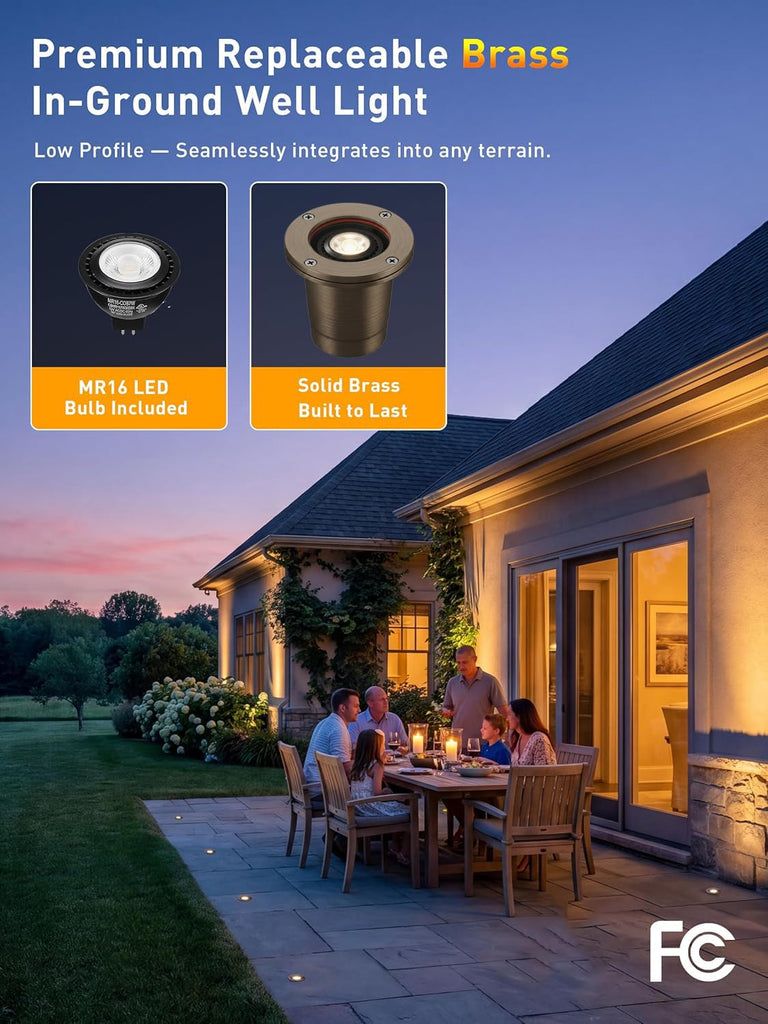 6 Pack] Solid Brass Landscape Well Lights,Outdoor Low Voltage In Ground Light for Deck Pathway with Replaceable 7W