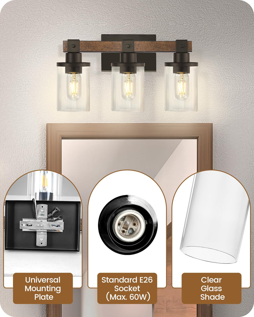 3-Light Bathroom Light Fixture, Farmhouse Vanity Lights with Glass Shade, Rustic Bathroom Light Fixtures, E26 Base