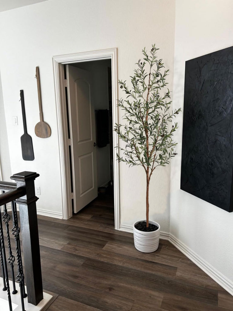 7ft Artificial Olive Tree Decor, 7 Feet Large Faux Plant Fake Skinny Silk Trees with Black Olivo Outdoor House Living
