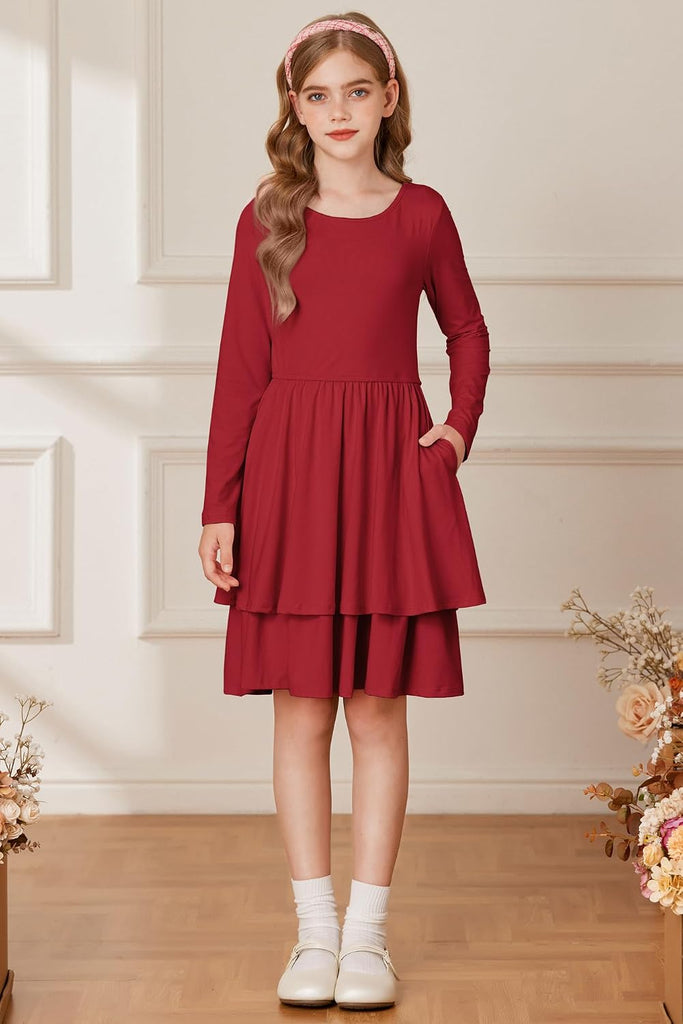 Girls Fall Dress Long Sleeve Tie Back Pockets School Party