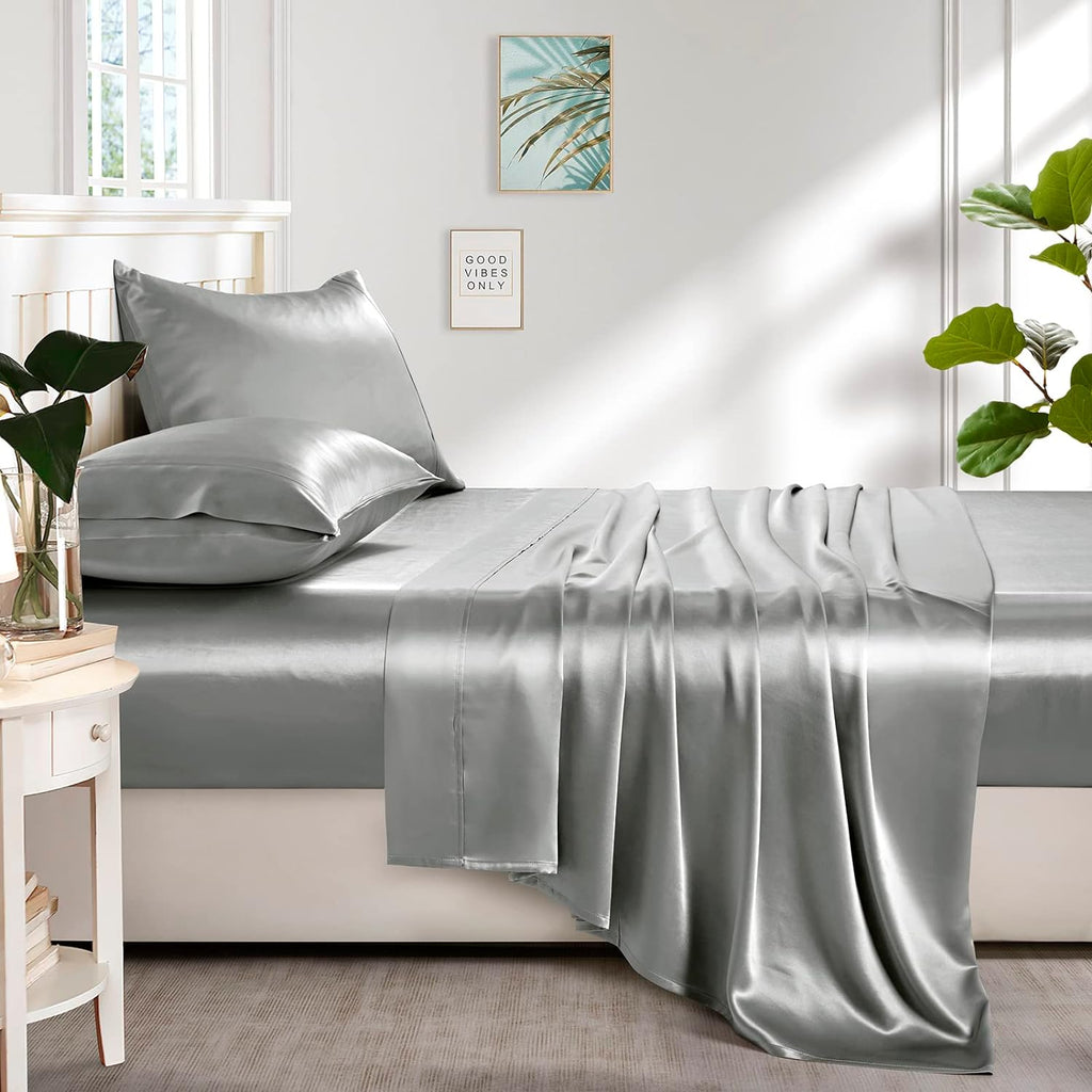 Silk Satin Sheets, King Satin Bed Sheet Set with Deep Pockets, Cooling Soft and Hypoallergenic Satin Sheets King