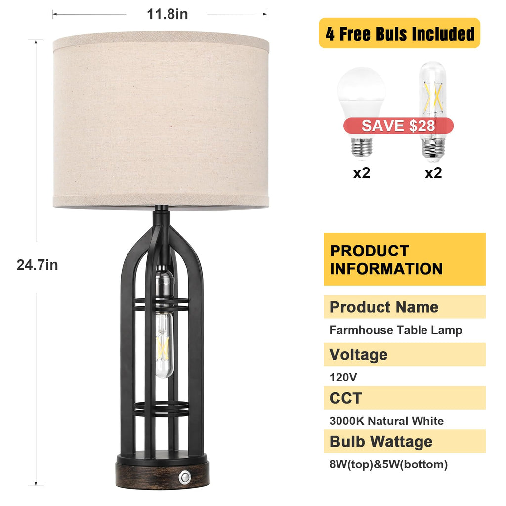 Table Lamps, 3 Way Dimmable Farmhouse Lamp Set of 2