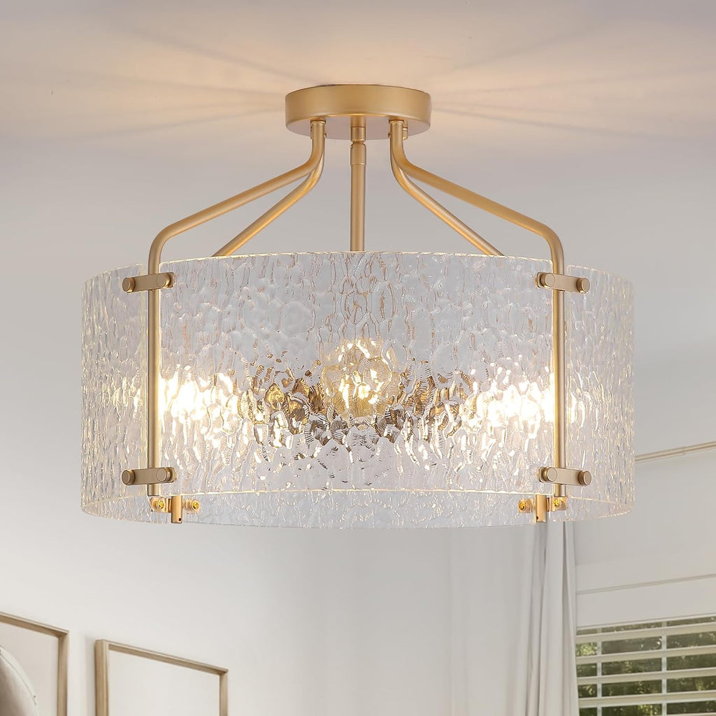 Semi Flush Mount Ceiling Light Fixture,Glass Drum Kitchen Lighting Fixtures Ceiling,18''Gold Modern Light Fixture