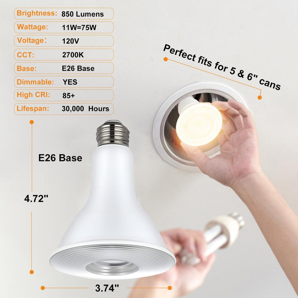 PAR30 Long Neck LED Flood Light Bulbs Dimmable 11W 2700K 2 Pack