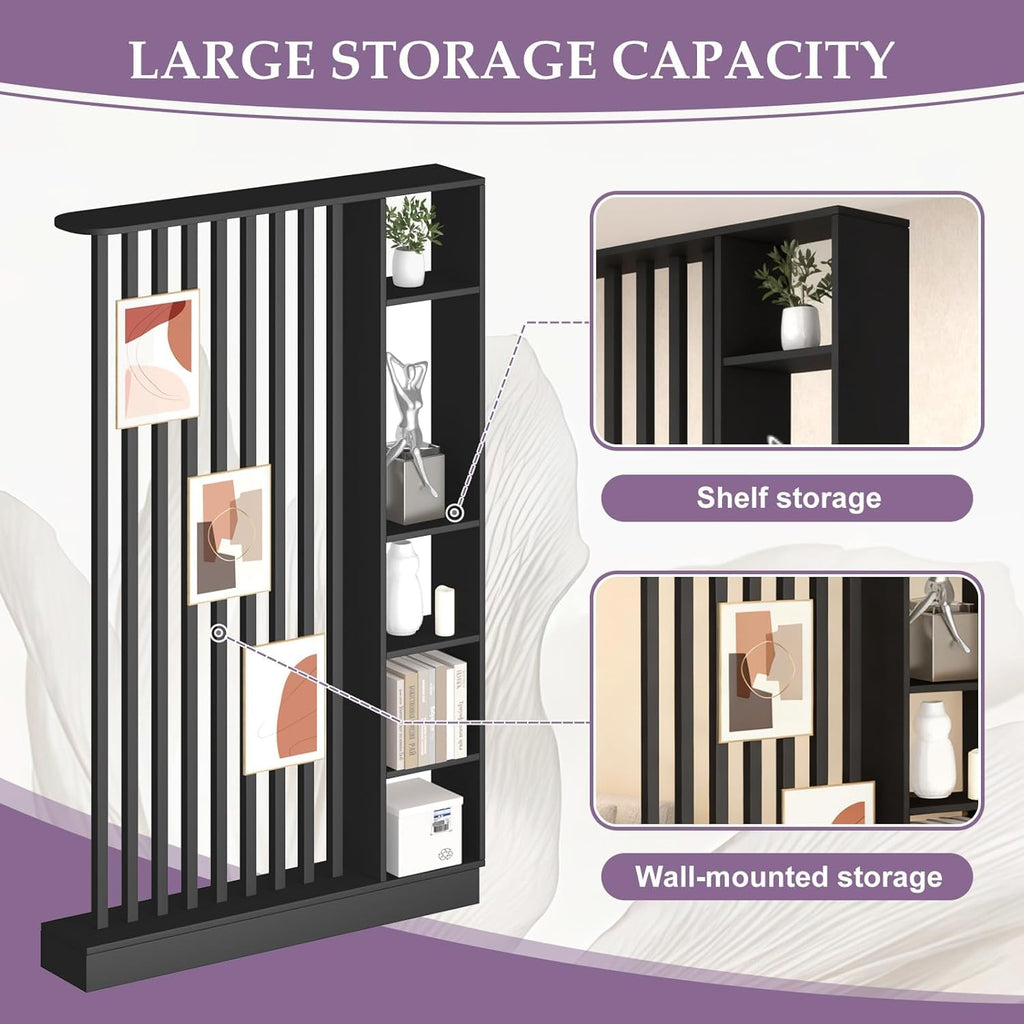 Freestanding Wall Room Divider with Shelves, Black, 55.1x9.4x78.7in