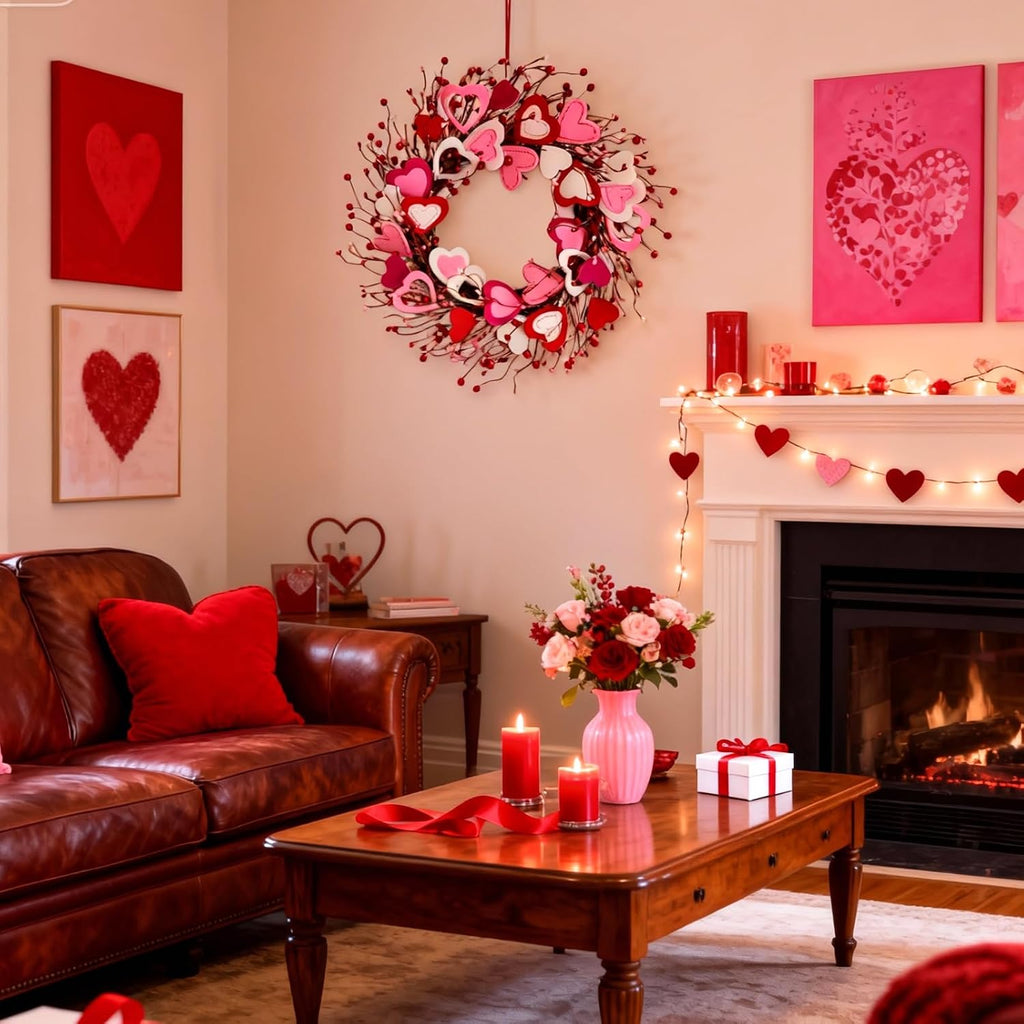 Valentine's Day Wreath, Romantic Valentines Wreaths for Front Door 20 Inch, Pink Red White Valentine Wreath