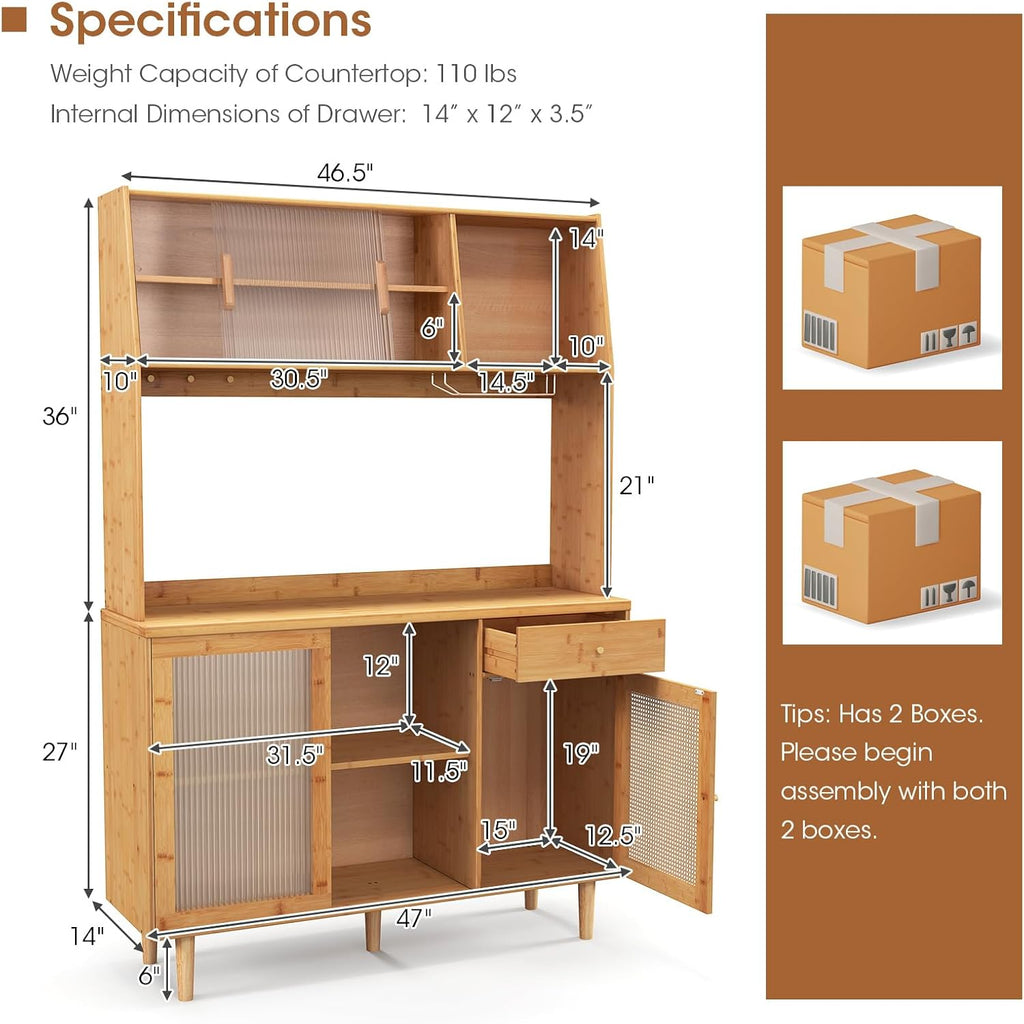 69" Kitchen Pantry Cabinet, Bamboo Hutch Storage Cabinet w/Storage | Freestanding Buffet Sideboard Cabinet with