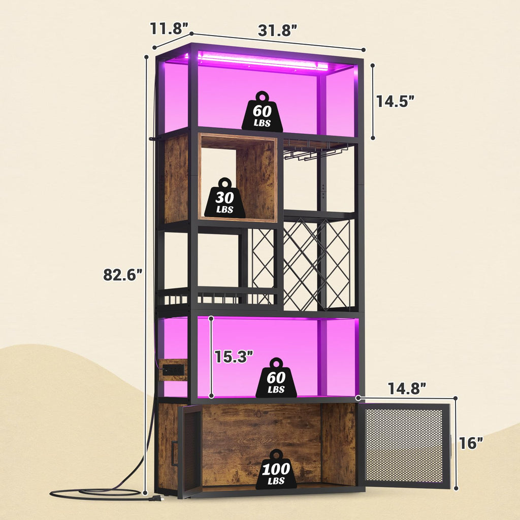 82.6" Tall Bar Cabinet with Power Outlets & LED Lights, Liquor Cabinet Bar, Reversible Coffee Station Wine Cabinet