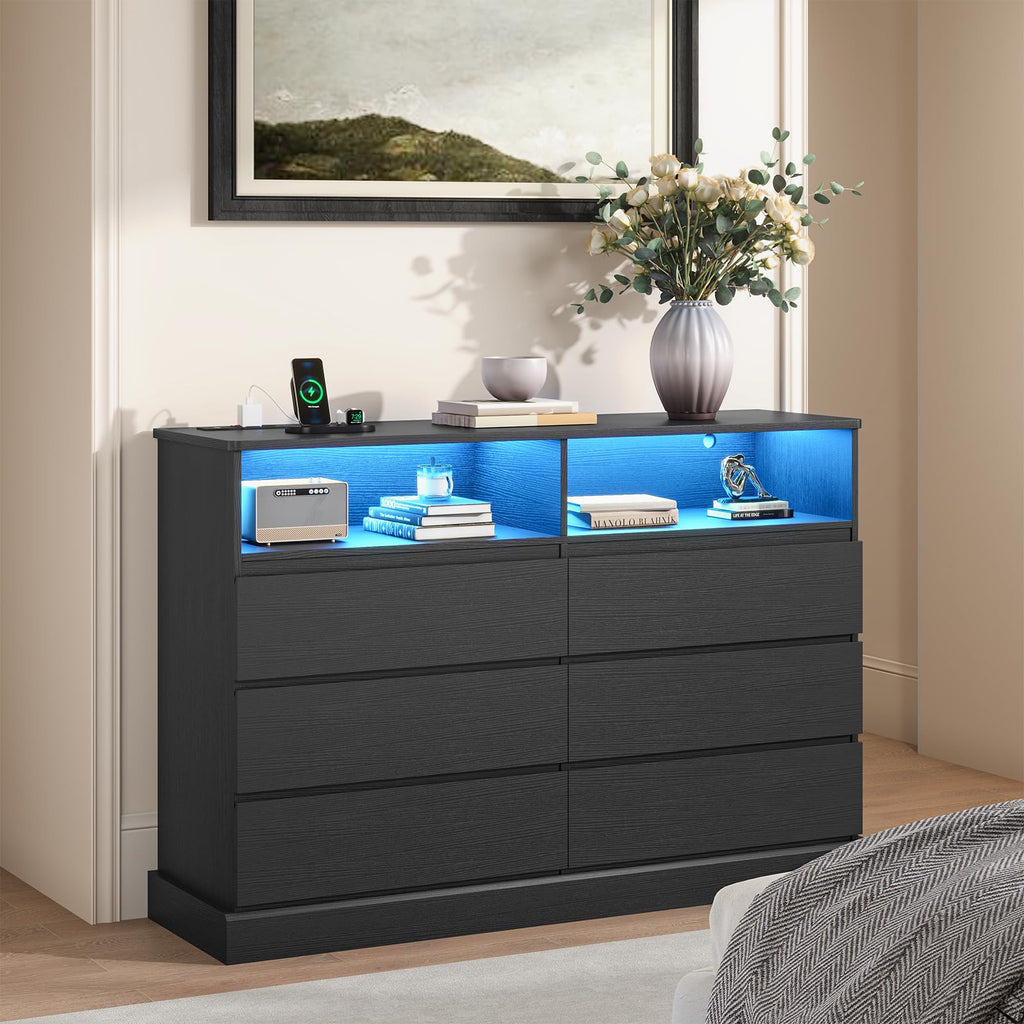 Black Dresser with LED Lights with Charging Station, 6 Drawer Double Dresser with No Handle Drawers, Modern Chest of