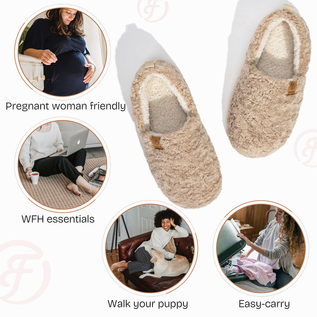Women's Soft Curly Memory Foam Slippers Khaki, 7-8 US