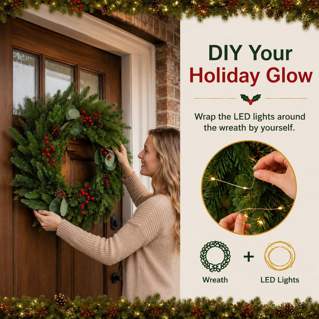 24 Inch Christmas Wreath for Front Door Artificial Wreath with Lights Red | Pinecones, Red Berries, Eucalyptus &