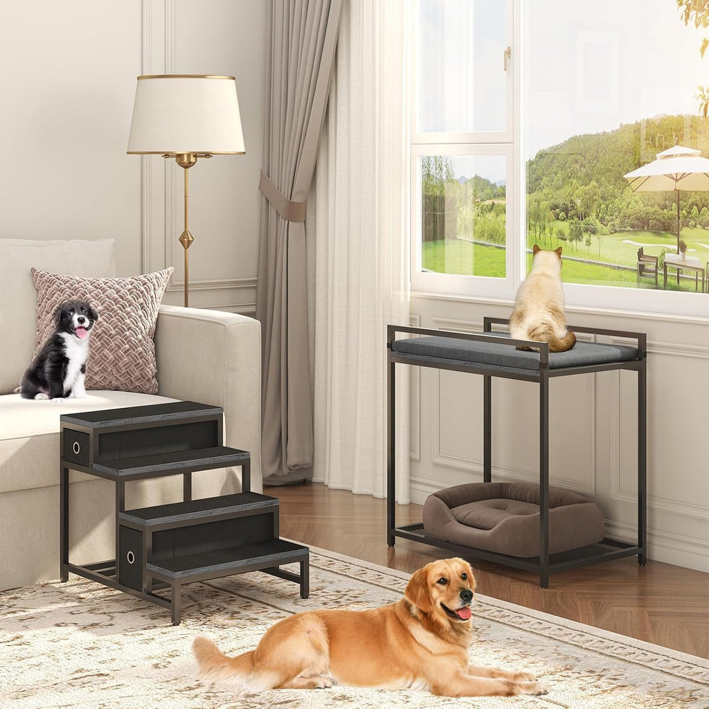 Pet Bunk Bed with Removable Stairs and 2 Drawers, Dogs/Cats Window Perch, Dog Window Seat with Soft Cushion