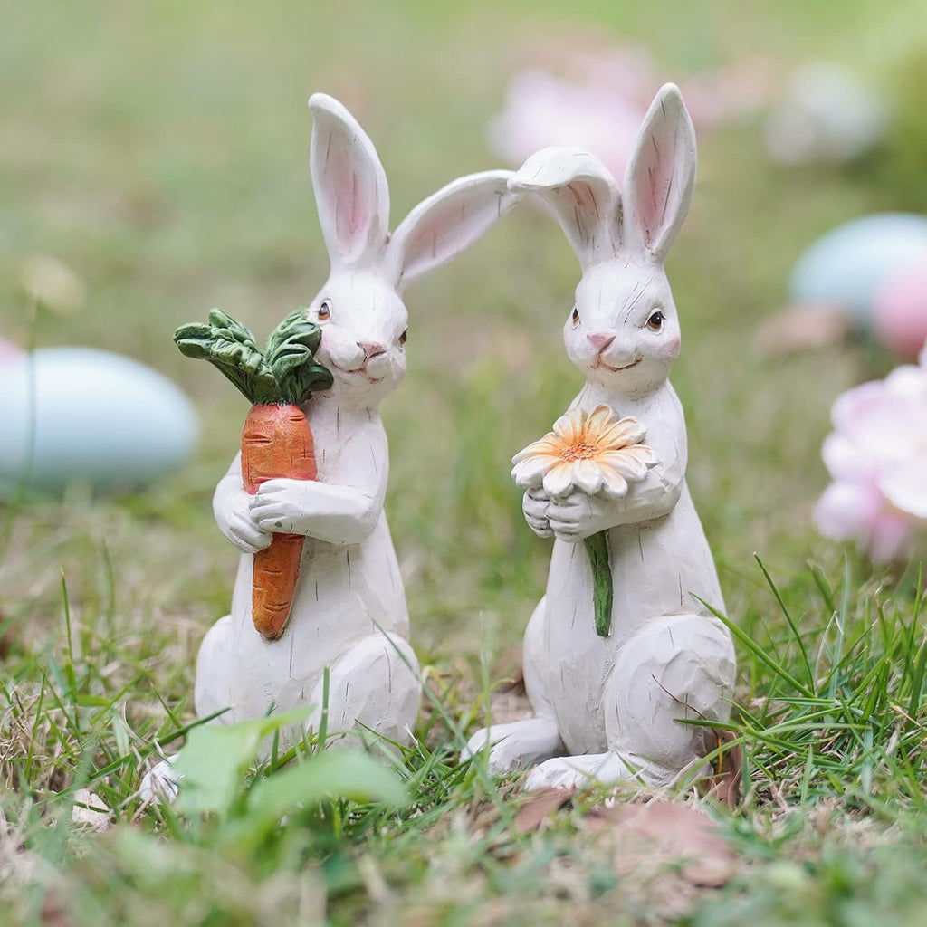 Easter-Decorations Bunny-Decor Spring-Figurines Table-Centerpiece - Spring Decorations Resin Rabbits with Carrot - Set of 2