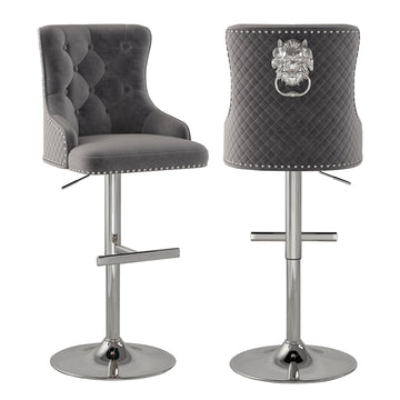 Velvet Bar Stools Set of 2, Adjustable Height, Sleek Chrome Base, Gray