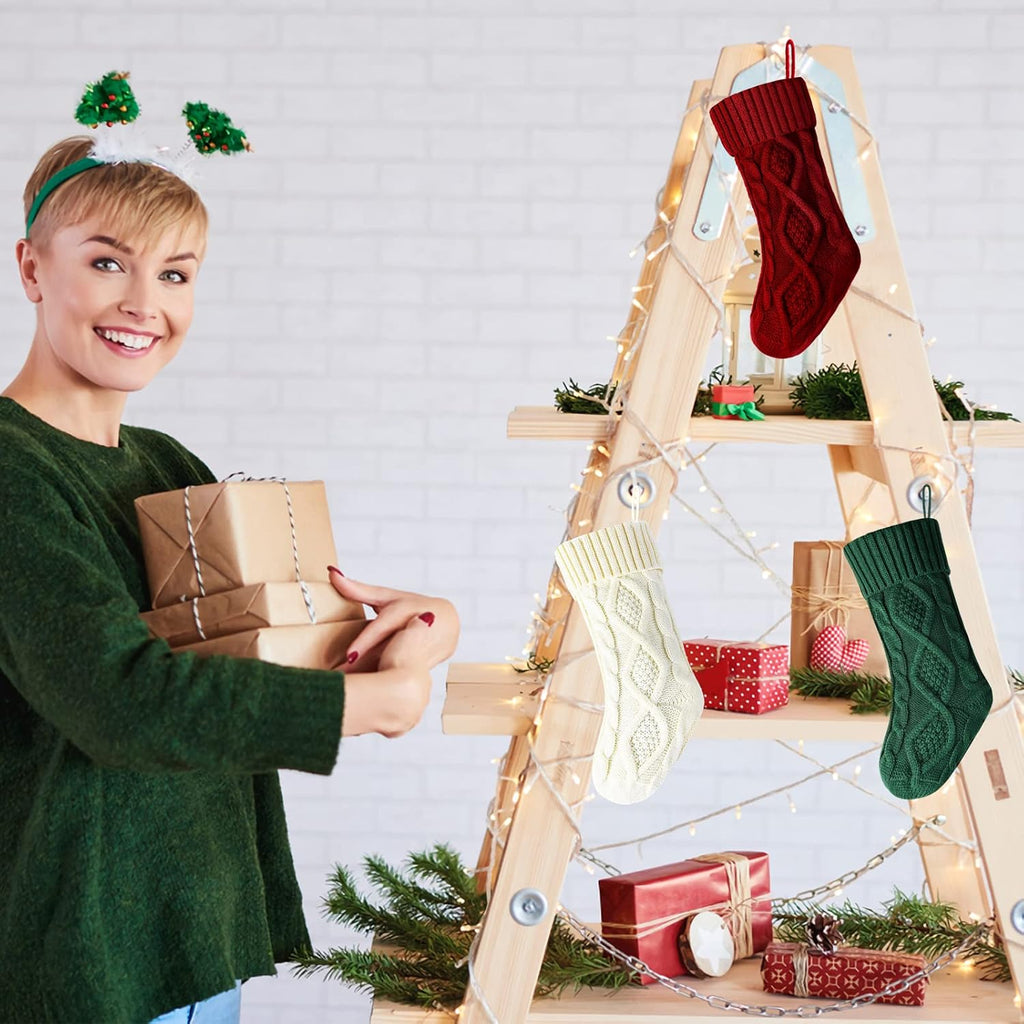 14" Unique Burgundy and Ivory White and Green Knitted Christmas Stockings - Set of 3