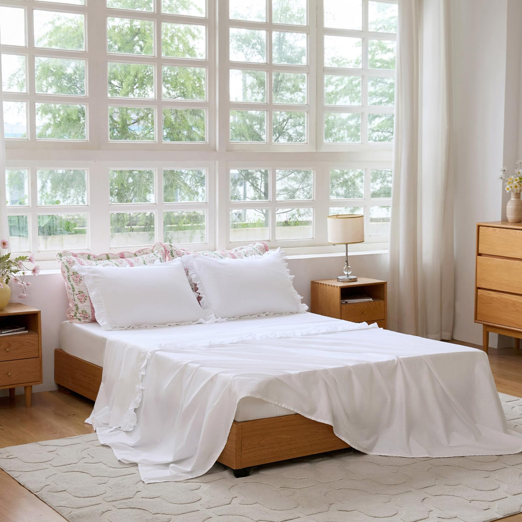 White Cotton Percale Ruffled Bed Sheet Set Sheets 4Pcs