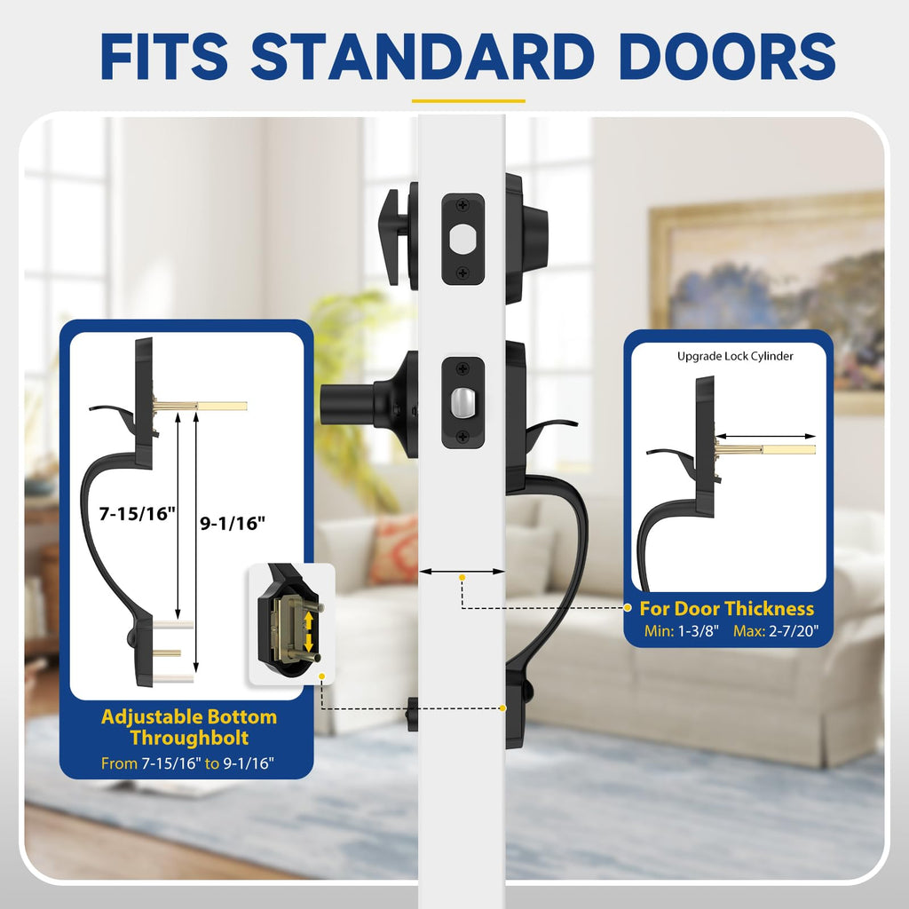 Front Door Lock Set, Front Door Handle and Deadbolt Set, Exterior Door Handle with Single Cylinder Deadbolt Lock