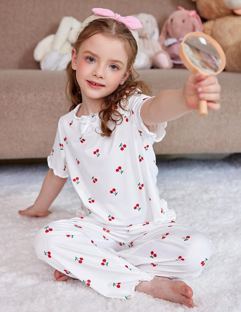 Girls Pajamas Short Sleeve Long Pant Sleepwear Soft Shirring Pjs
