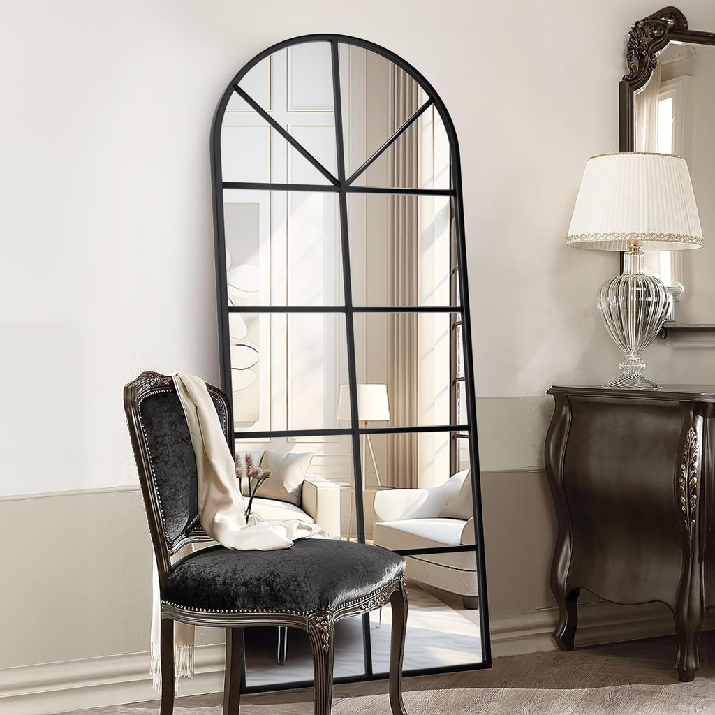 Floor Full Length Mirror, Arch Top Window Pane Mirror, 71"x32" Black
