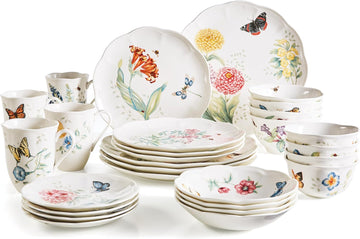Dinnerware Set, Butterfly Meadow 28-Piece Set, Service For 4, Porcelain Plates With Scalloped Edges