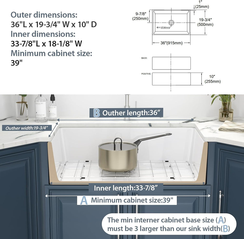 36 Inch White Farmhouse Sink - 36" x 20" Farm Kitchen Sink Undermount Singe Bowl Apron Front Fireclay Ceramic