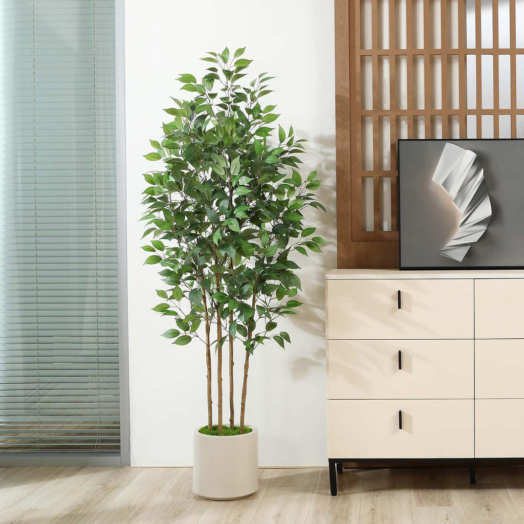 Ficus Artificial Tree 6ft Fake Silk Plant Decor Indoor, Faux Floor Tree in White Imitation Ceramic Planter with Green