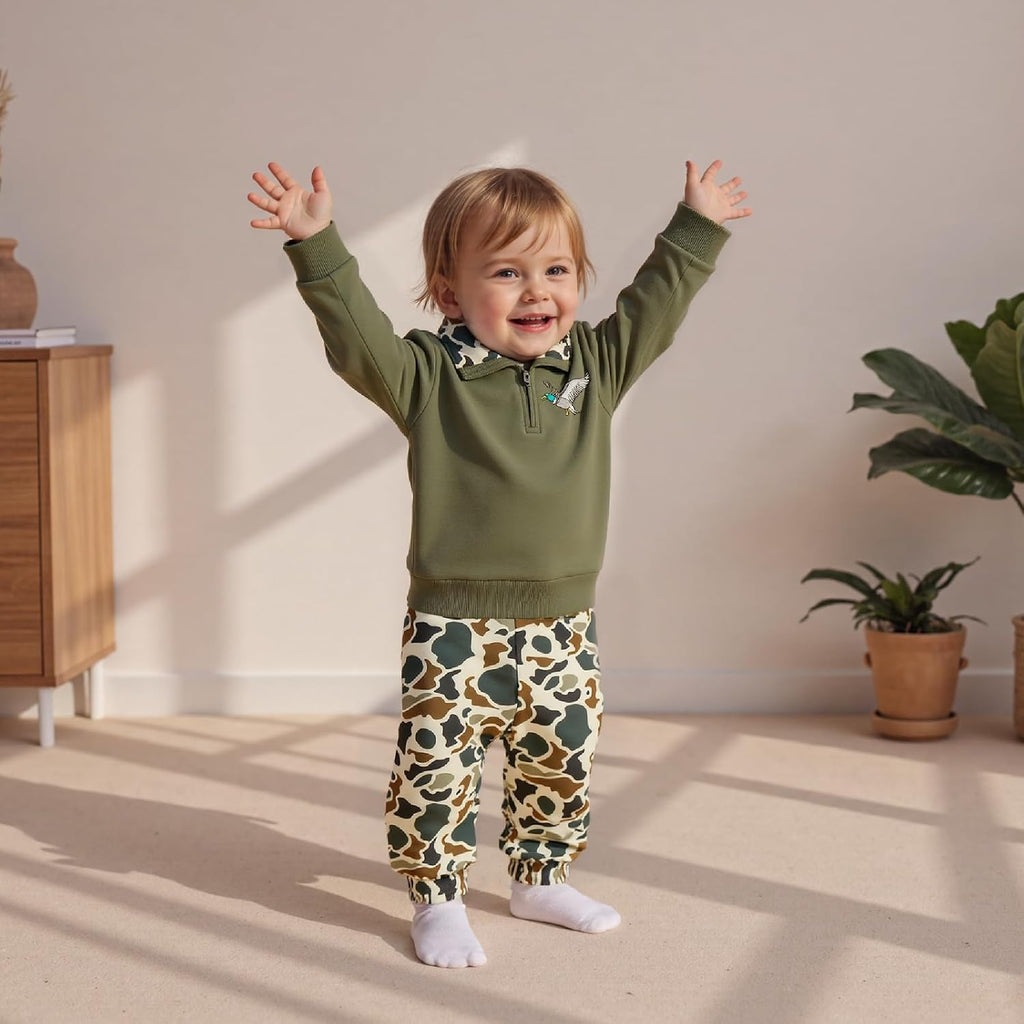 Toddler Baby Boy Hunting Outfits Duck Half Zip Long Sleeve Sweatshirt Tops Pants Set Cute Infant Fall Clothes