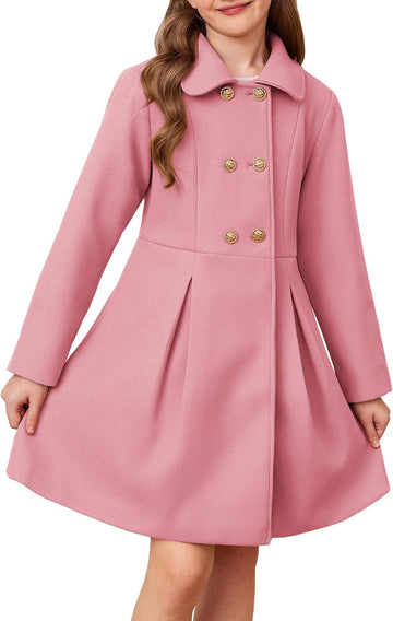 Girls Dress Coat Wool Peacoat with Lapel Pockets Winter Warm Long Jacket for Kids