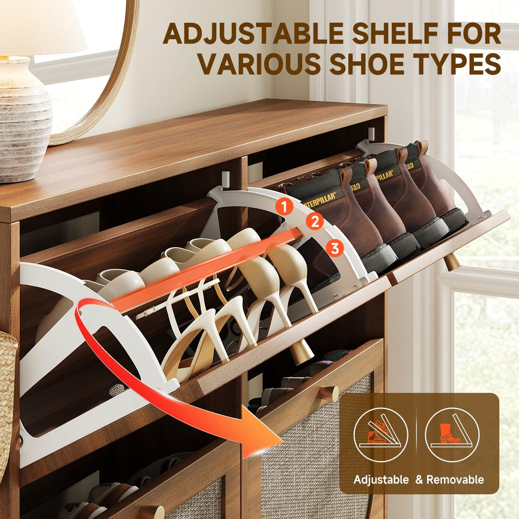 Shoe Storage Cabinet, Modern Walnut Shoe Cabinet with Tiered Fluted Design, 9.5" Slim Shoe Rack for Small Spaces