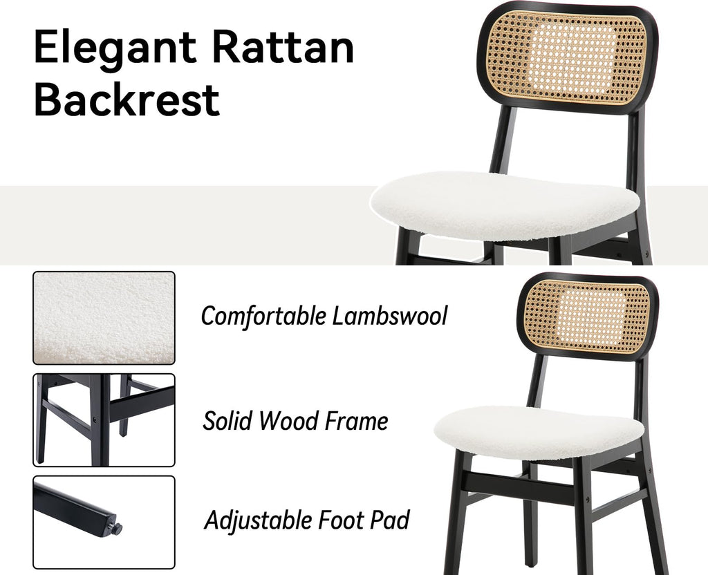Rattan Dining Chairs Set of 2, Farmhouse Black Wood Dining Room Chairs with Cane Back, Upholstered Modern Sherpa