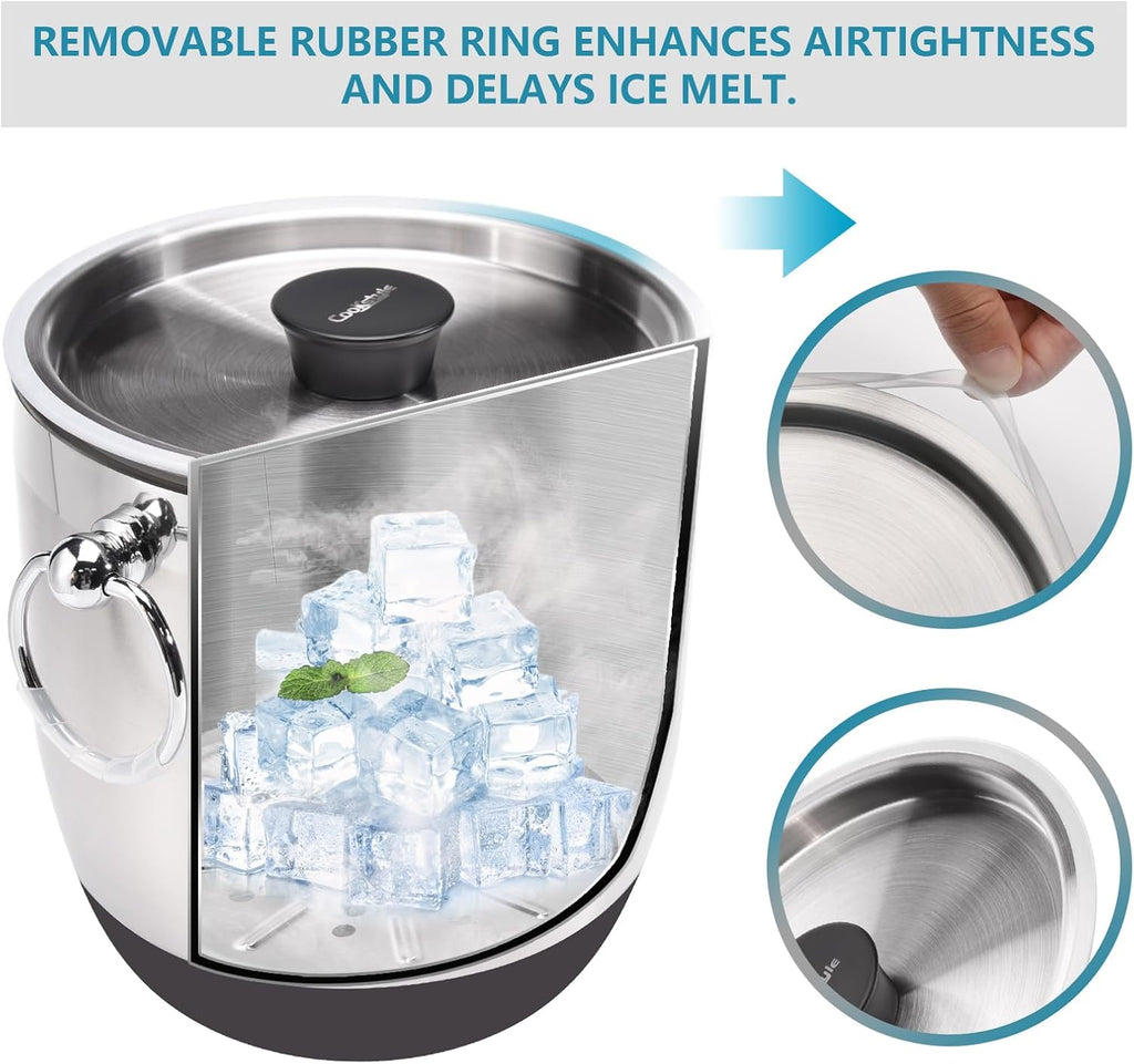 Double-Wall Stainless Steel Insulated Ice Bucket With Lid & Ice Tong [3 Liter] Included Strainer Keeps Ice Cold &