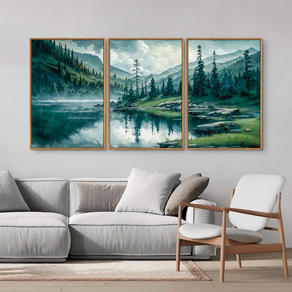 Large Nature Forest Framed Canvas Wall Art Set, Boho Mountains Calming Lake Wall Decor, Green Pine Trees Artwork