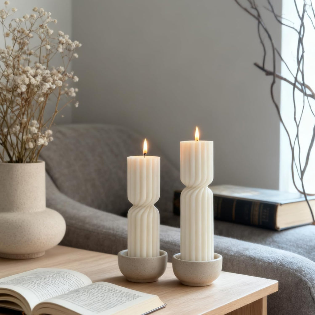 Ribbed Pillar Candles Handmade Soy Wax Scented Ribbed Candle,White - Set of 2