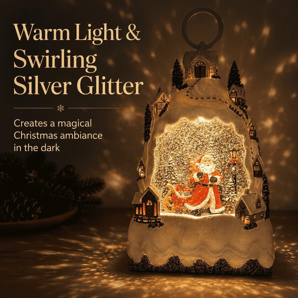 Christmas Snow Globe Lantern with 8 Songs, Santa Snow Mountain Water Globe with Swirling Silver Glitter, Warm Light